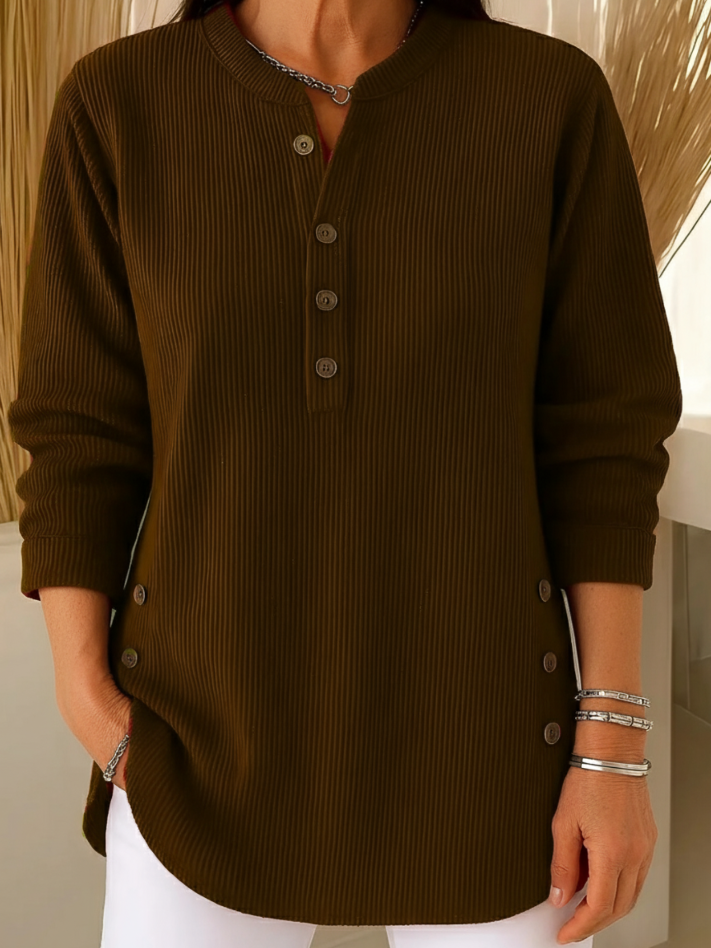 Kirstie - Women's Ribbed Knit Henley Tunic with Side Slits - photo 7