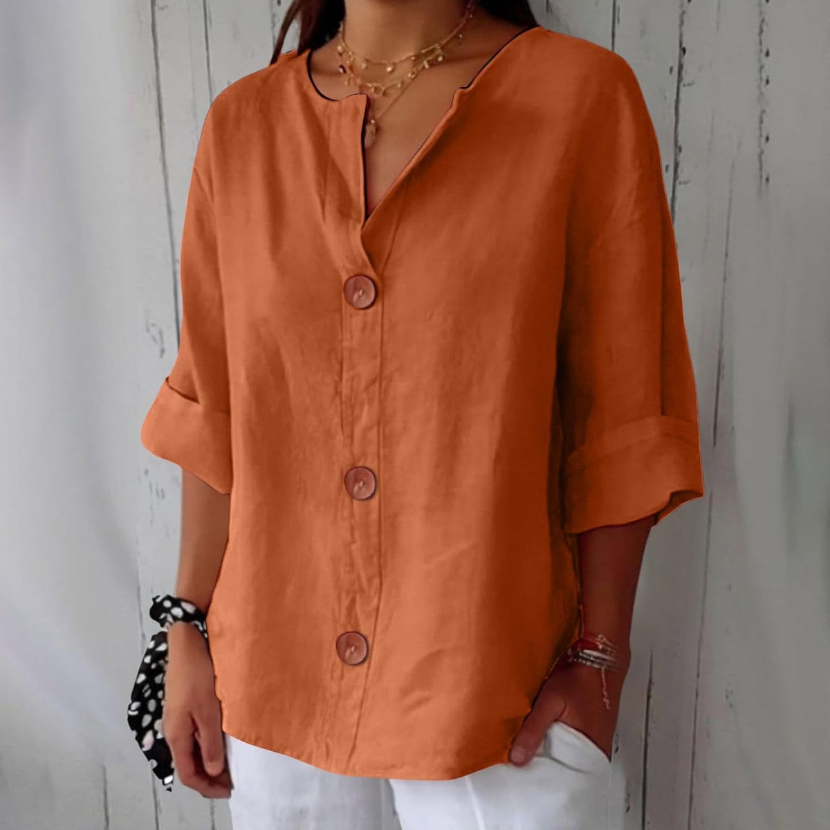 Laetitia - Women's Relaxed Blouse with Button Front and V-Neck - photo 1