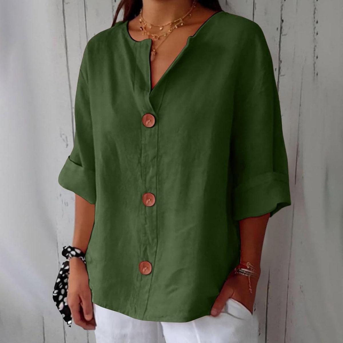 Laetitia - Women's Relaxed Blouse with Button Front and V-Neck - photo 10