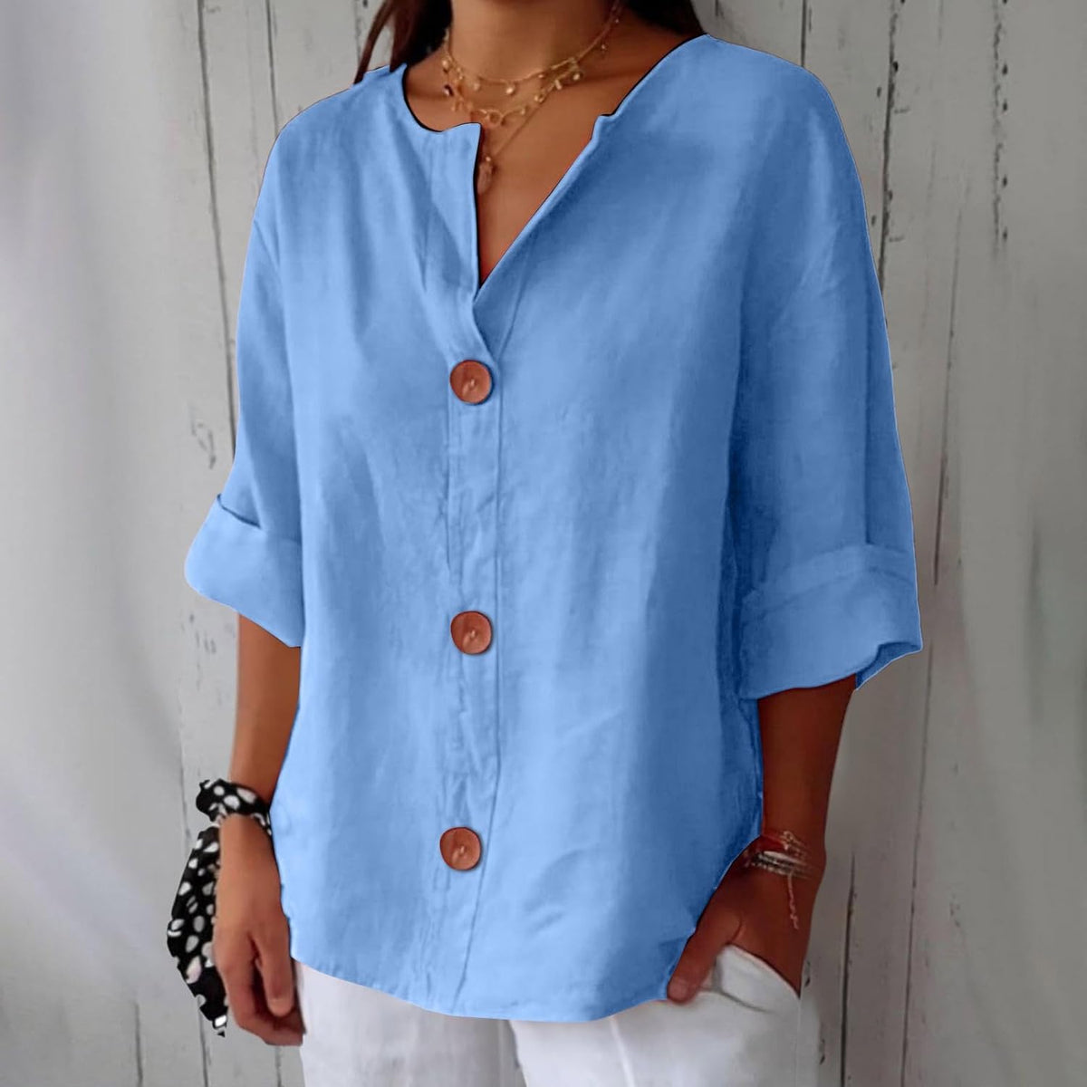 Laetitia - Women's Relaxed Blouse with Button Front and V-Neck - photo 11