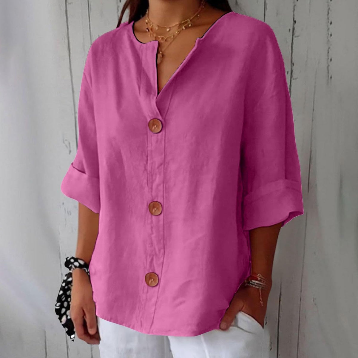 Laetitia - Women's Relaxed Blouse with Button Front and V-Neck - photo 12