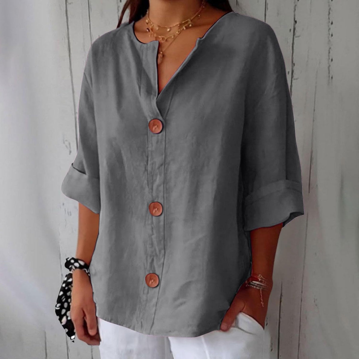Laetitia - Women's Relaxed Blouse with Button Front and V-Neck - photo 2