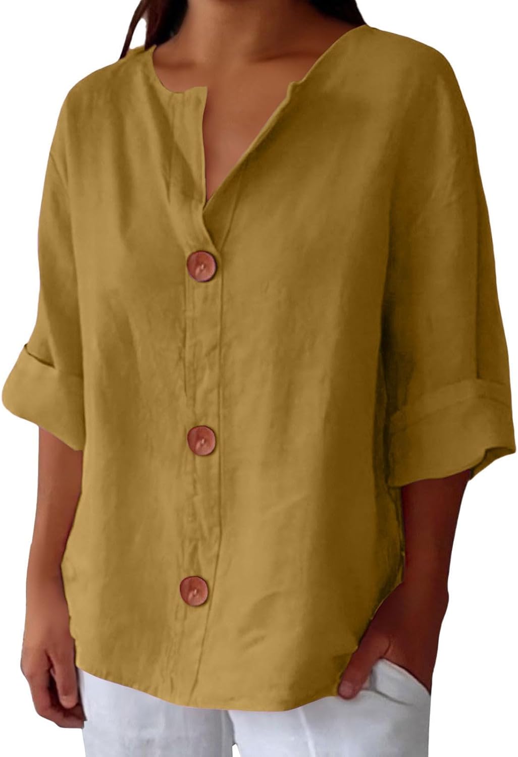 Laetitia - Women's Relaxed Blouse with Button Front and V-Neck - photo 3