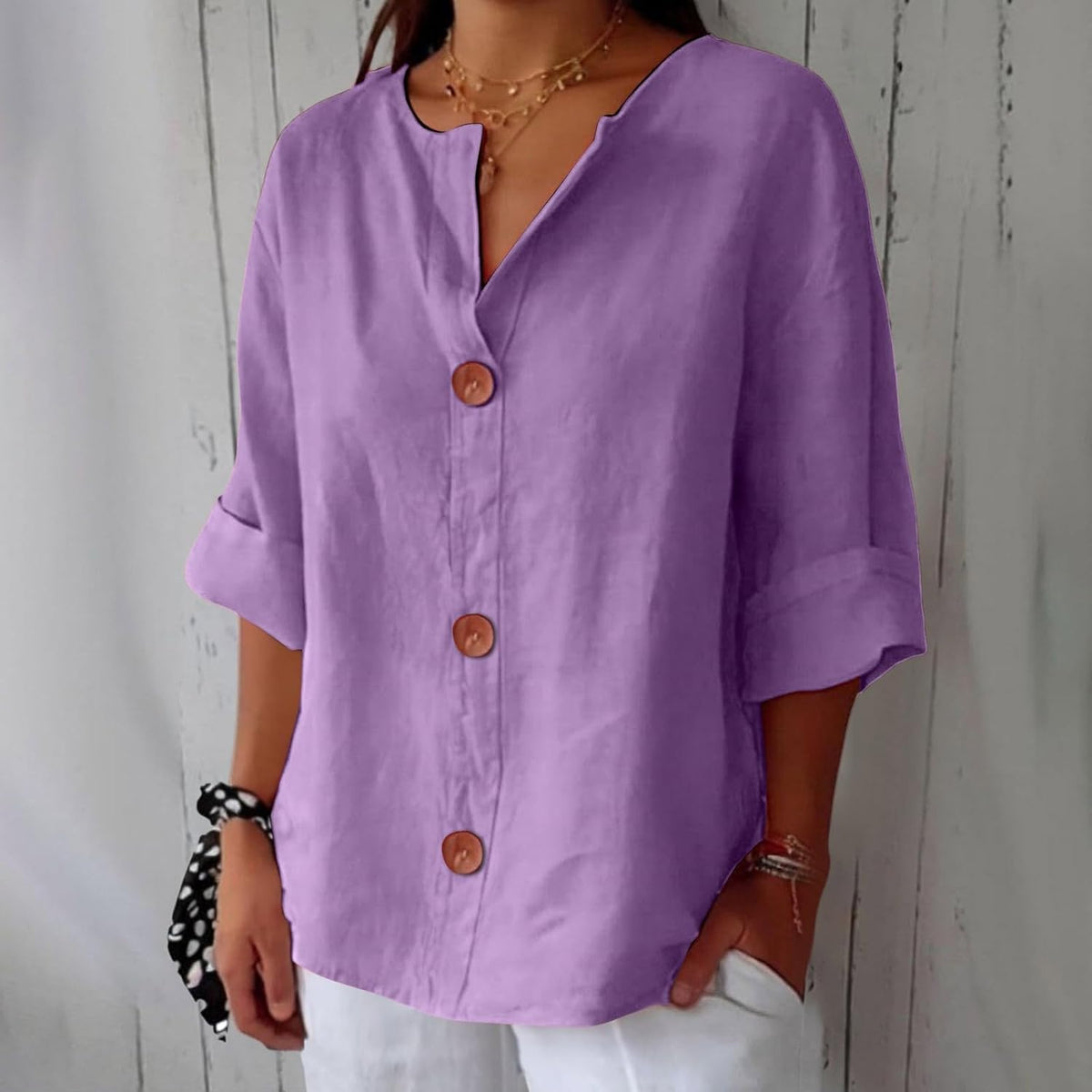 Laetitia - Women's Relaxed Blouse with Button Front and V-Neck - photo 5