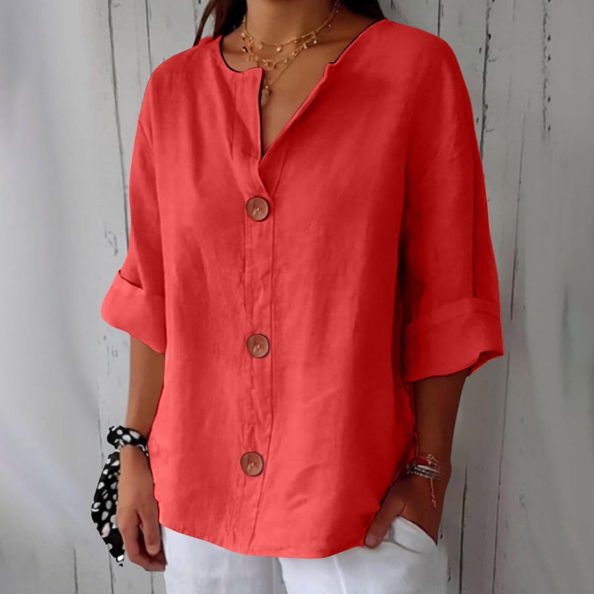 Laetitia - Women's Relaxed Blouse with Button Front and V-Neck - photo 7