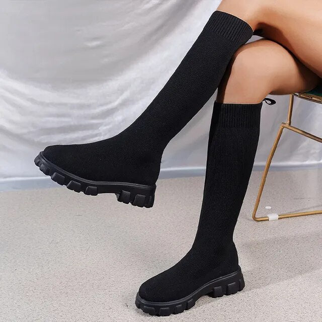 Lambert - Women's Knee-High Boots with a Sock Fit and Treaded Sole in Black