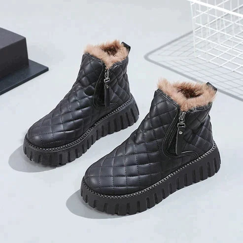 Lavender - Women's Ankle Boots with a Quilted Finish and Faux Fur Trim in Black