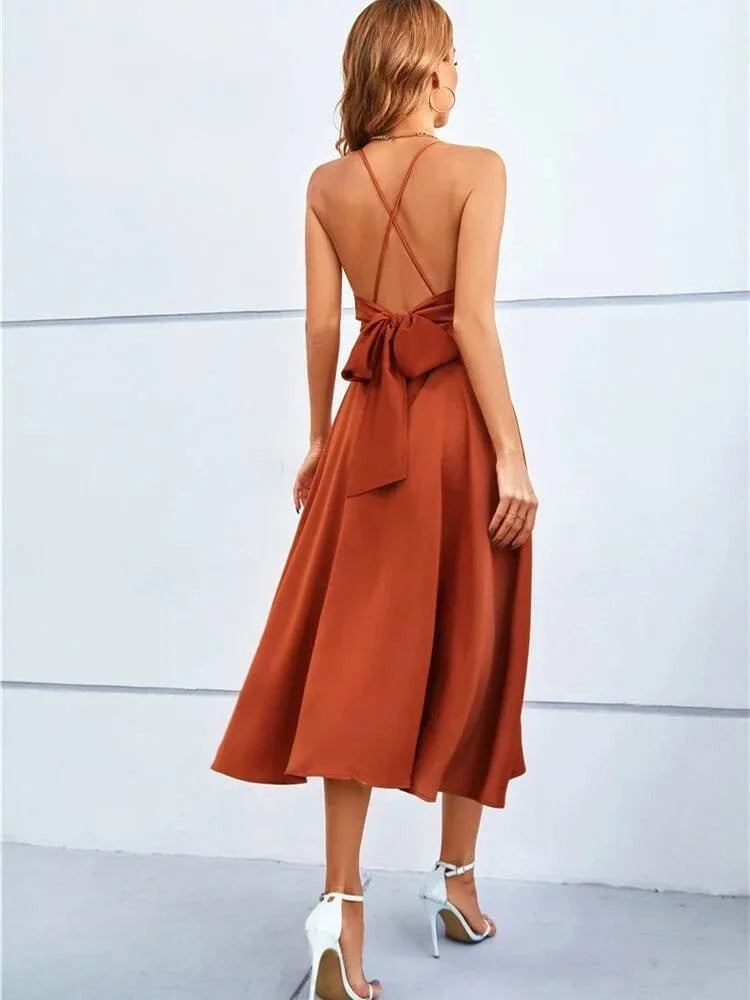 Lilias - Women's Satin Midi Dress with V-Neck - photo 2