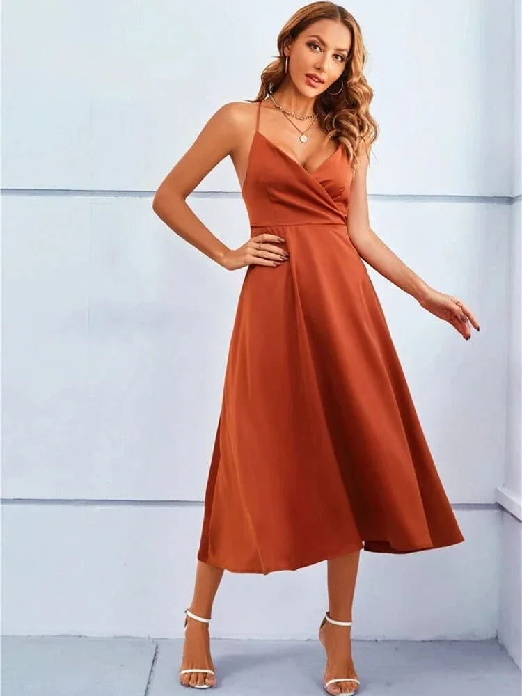 Lilias - Women's Satin Midi Dress with V-Neck - photo 5
