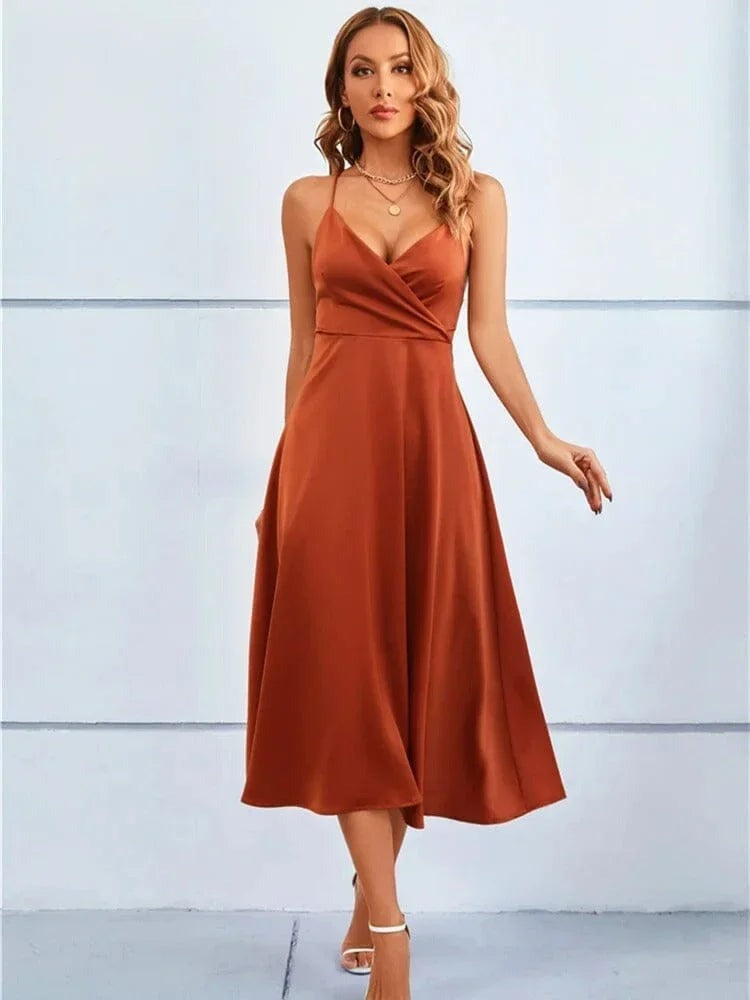 Lilias - Women's Satin Midi Dress with V-Neck - photo 6