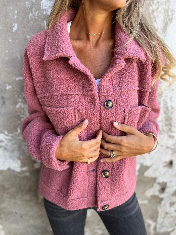 Linnea - Women's Sherpa Shacket with Button Front and Chest Pockets - Pink
