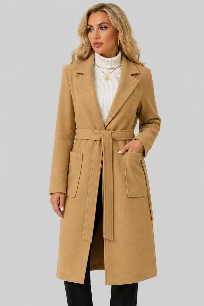 Lola - Women's Long Wool-Look Coat with Tie Belt