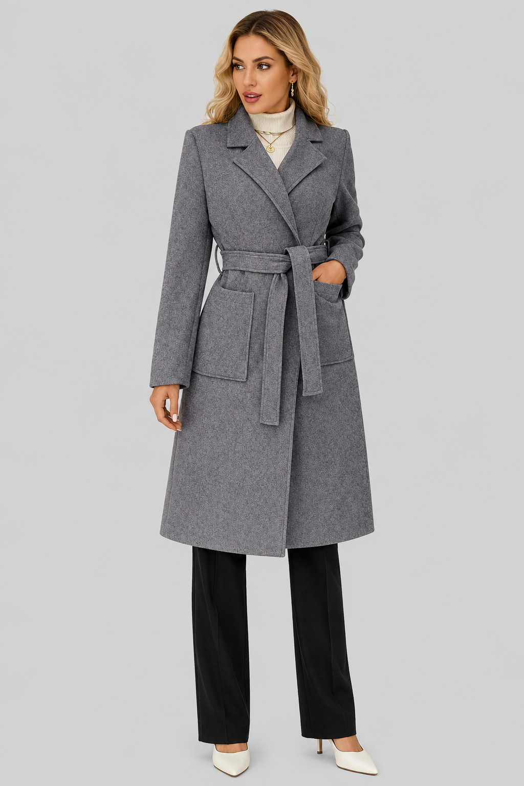 Lola - Women's Long Wool-Look Coat with Tie Belt – view 10