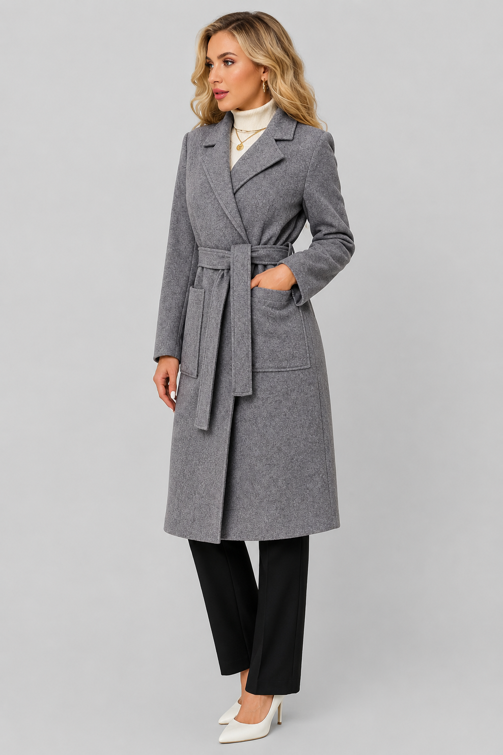 Lola - Women's Long Wool-Look Coat with Tie Belt – view 11