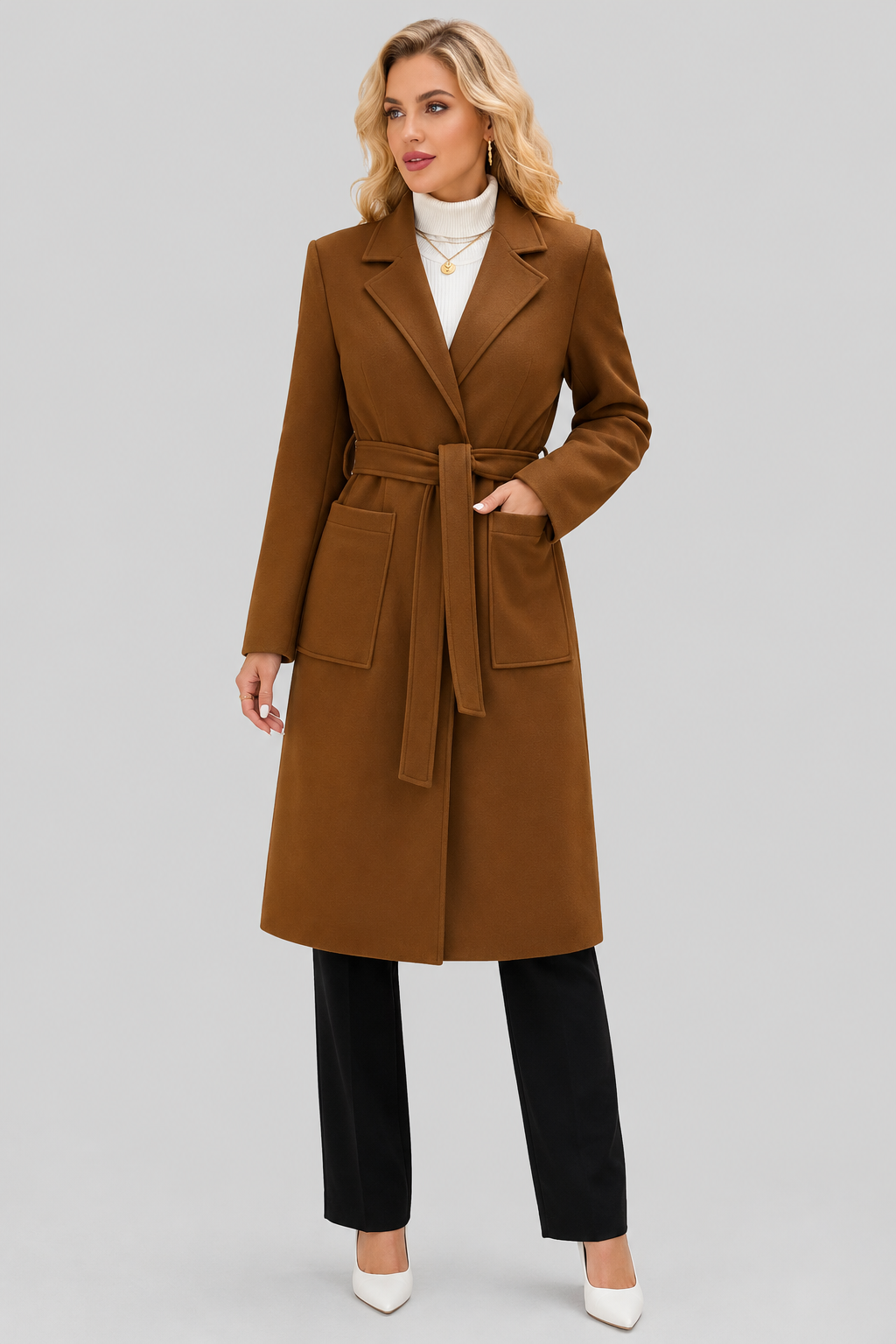 Lola - Women's Long Wool-Look Coat with Tie Belt – view 14