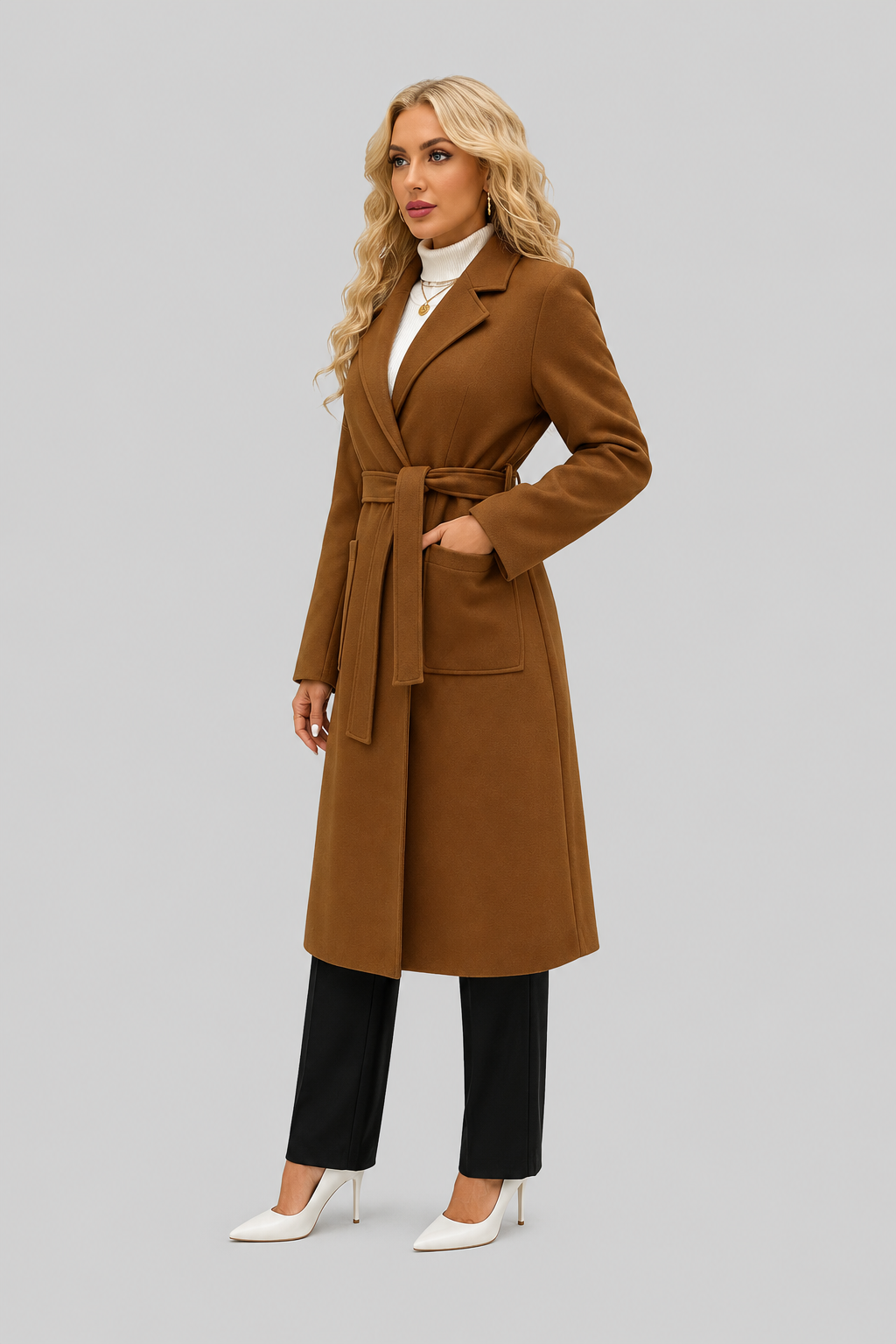 Lola - Women's Long Wool-Look Coat with Tie Belt – view 15