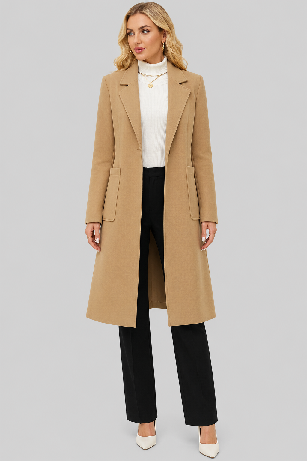 Lola - Women's Long Wool-Look Coat with Tie Belt – view 2