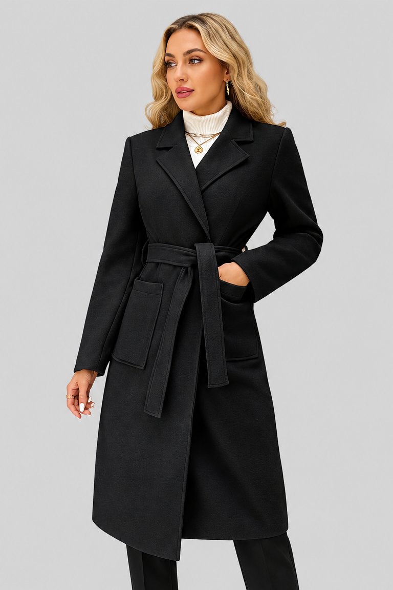 Lola - Women's Long Wool-Look Coat with Tie Belt – view 5