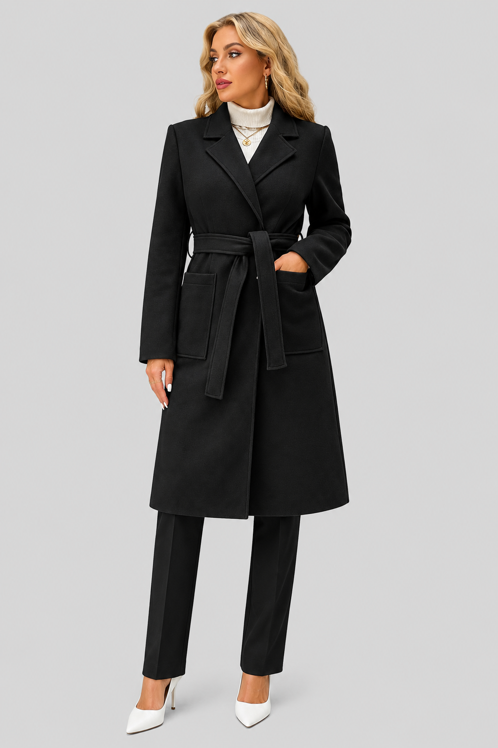 Lola - Women's Long Wool-Look Coat with Tie Belt – view 7