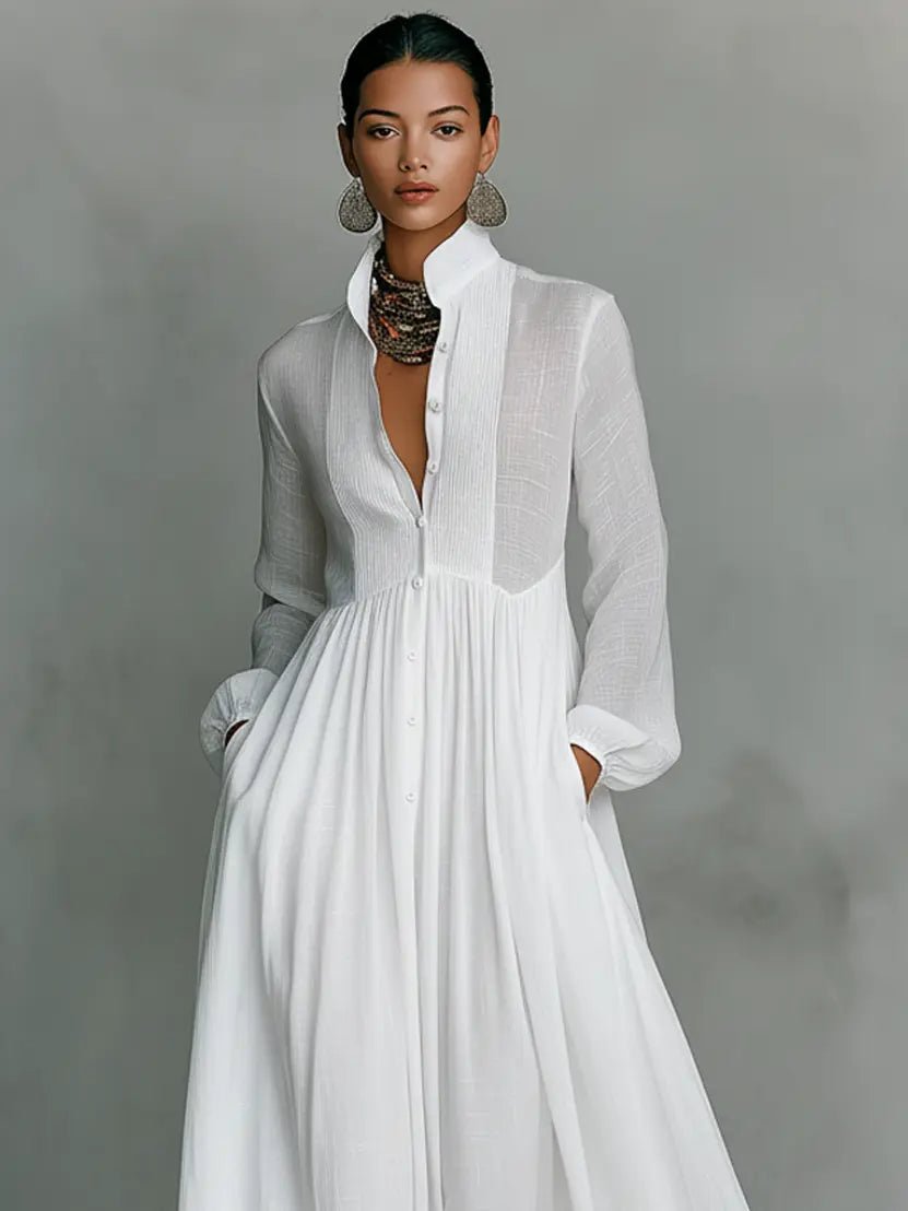 Francesca - Women's Flowing Maxi Dress with a Shirt Collar