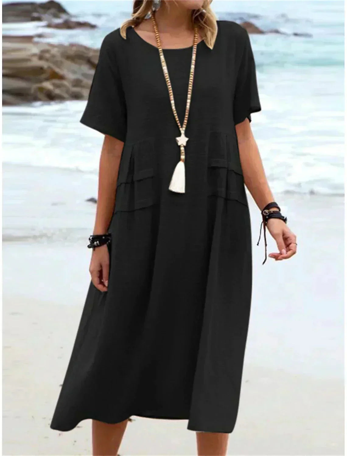 Lyssa - Women's Relaxed Midi Dress with Patch Pockets - photo 4