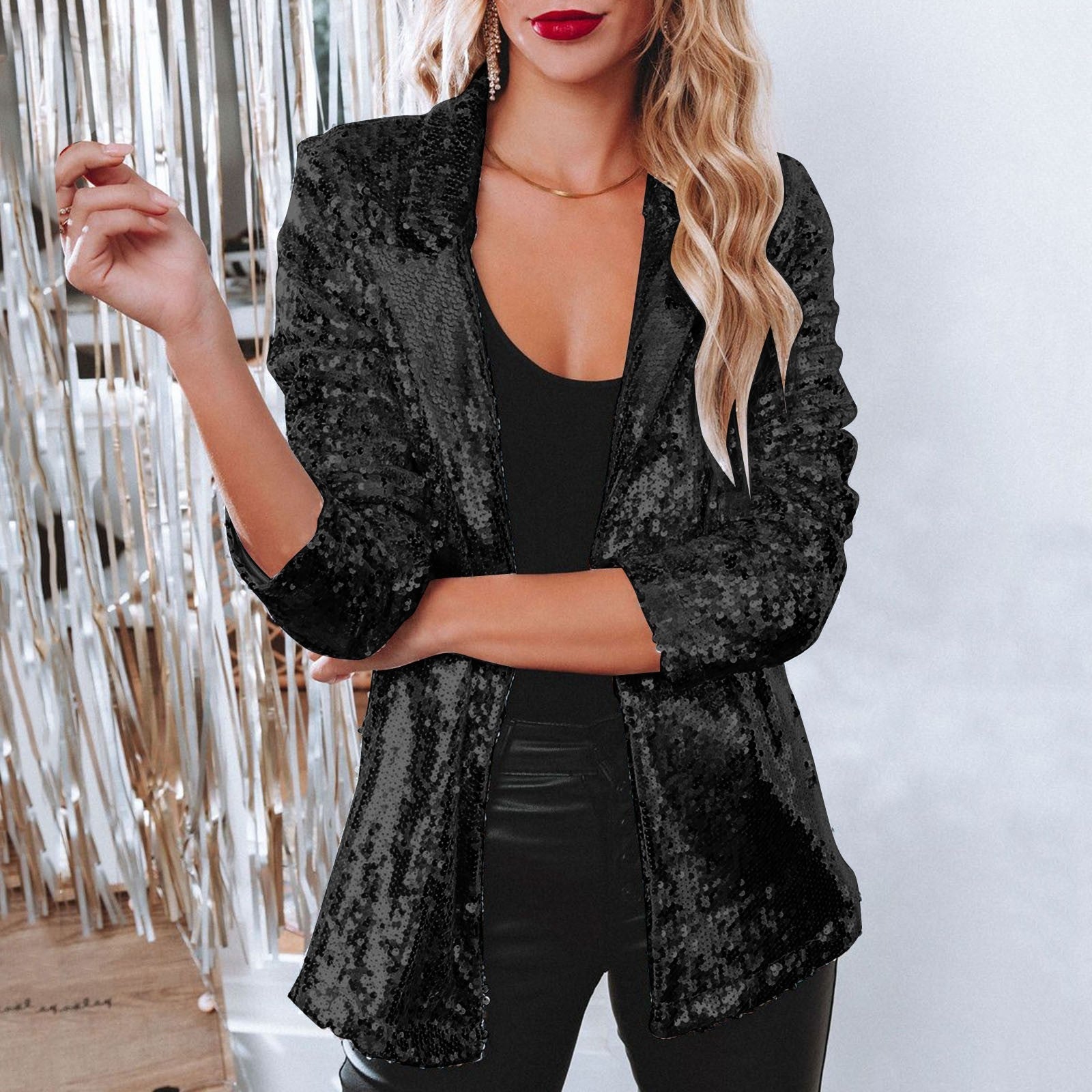Women's Sequin Blazer with Open Front Design - photo 6
