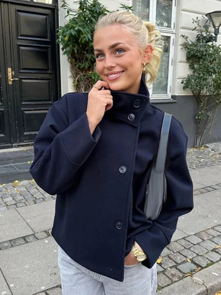 Jenna - Cappotto corto da donna con bottoni e collo alla coreana