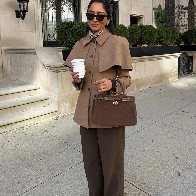 Zahra - Camel women's coat with cape and fitted waist - photo 2