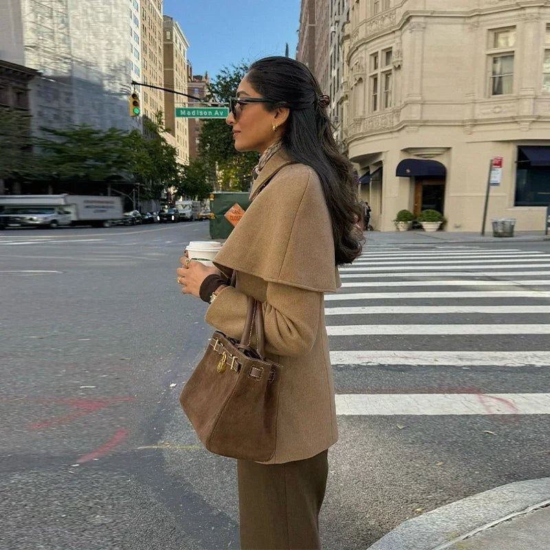 Zahra - Camel women's coat with cape and fitted waist - photo 7