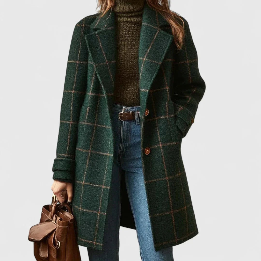 Elizabeth - Women's green plaid coat with buttons - photo 1