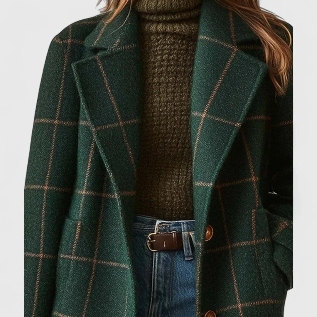 Elizabeth - Women's green plaid coat with buttons - photo 2