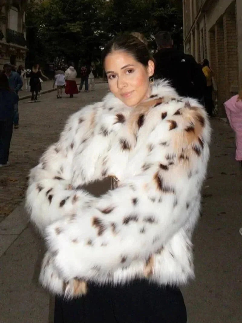 Elba - Women's Faux Fur Coat with Animal Print