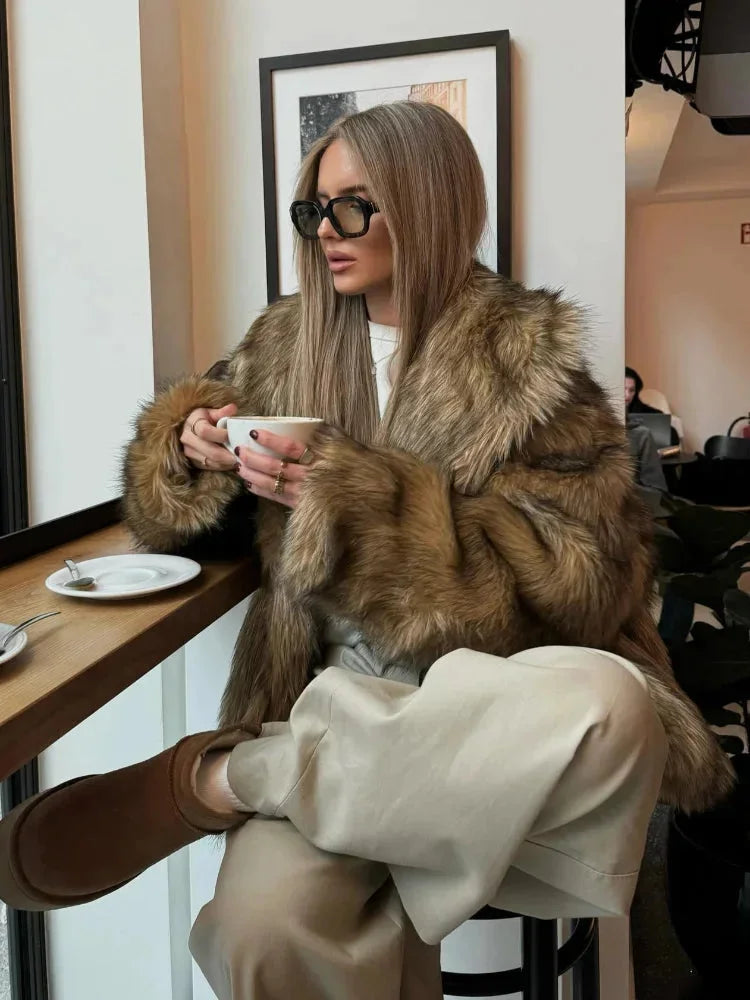 Gloria - Cappotto in pelliccia sintetica marrone da donna con maniche lunghe