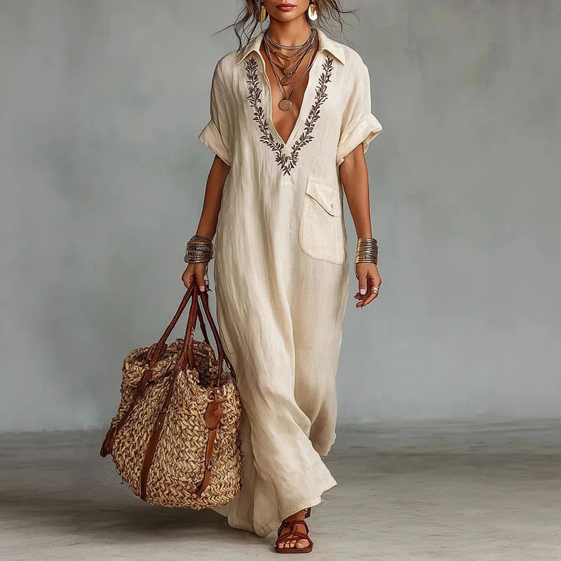 Frankie - Women's Printed Maxi Dress with a Deep Neckline