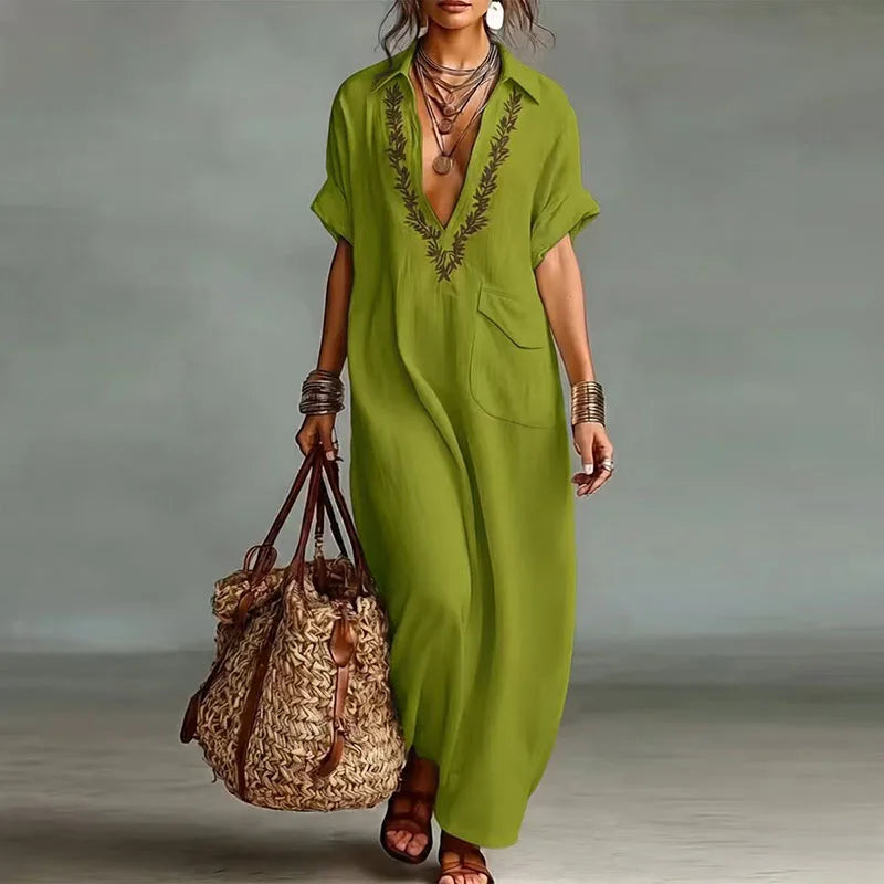 Frankie - Women's Printed Maxi Dress with a Deep Neckline