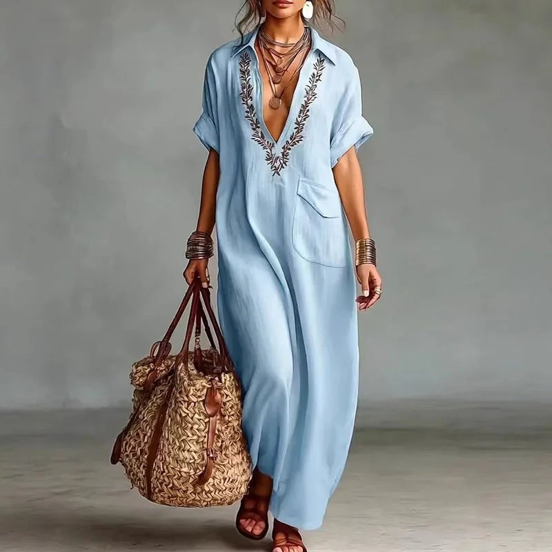 Frankie - Women's Printed Maxi Dress with a Deep Neckline