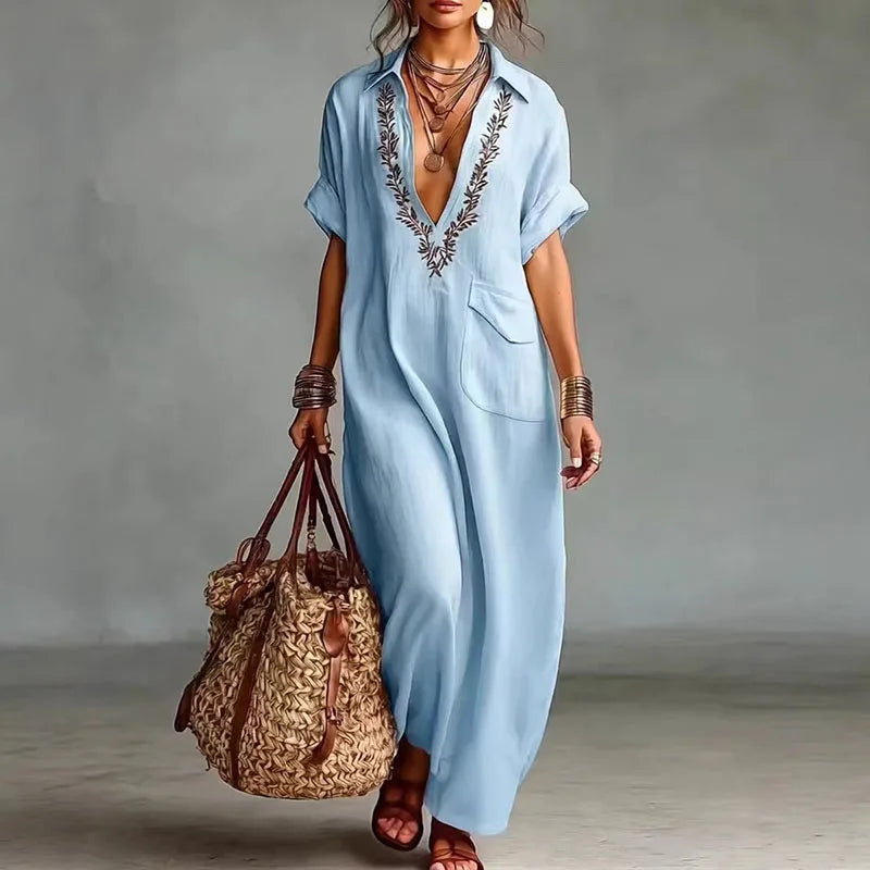 Frankie - Women's Printed Maxi Dress with a Deep Neckline
