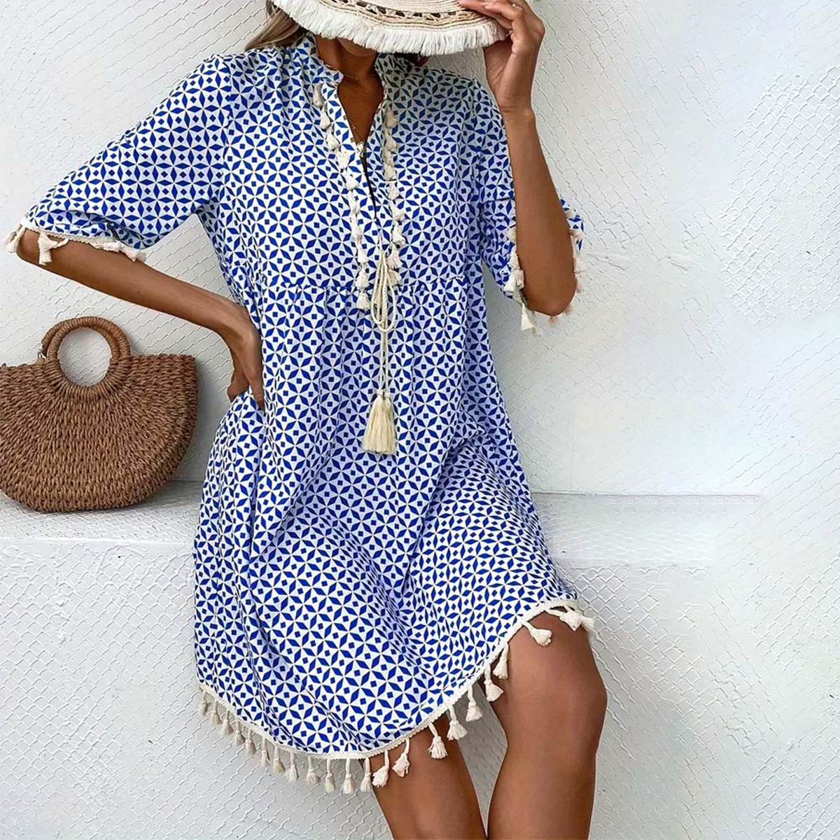 Marisol - Women's Geometric Print Tassel Mini Dress with Short Sleeves