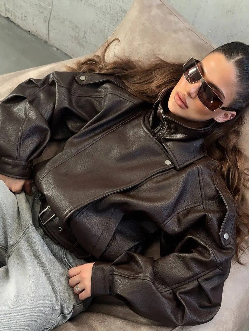 Mathilde - Women's Biker Jacket with Zip Front and Tie Belt - photo 3