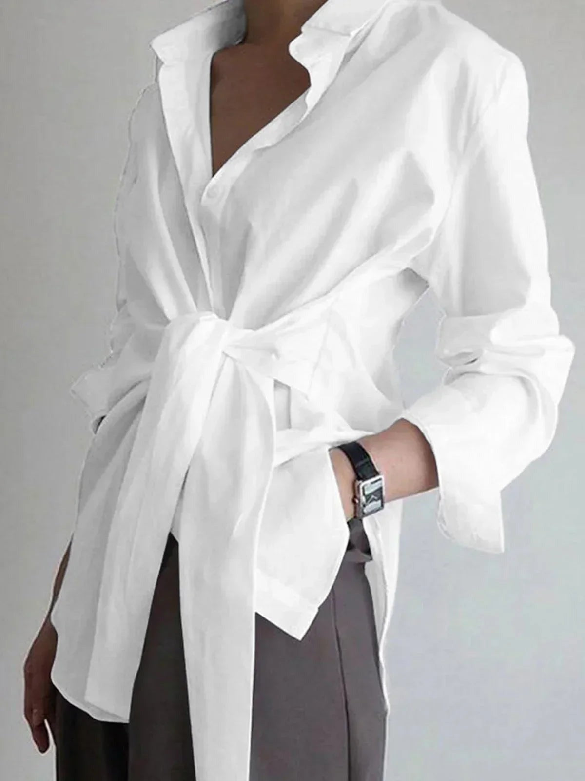 Maud - Women's Oversized Shirt with Tie Belt and Long Sleeves - photo 1