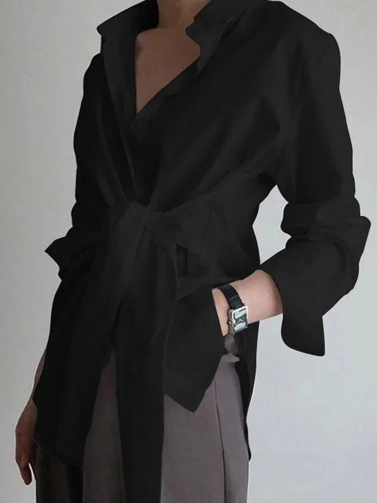 Maud - Women's Oversized Shirt with Tie Belt and Long Sleeves - photo 2