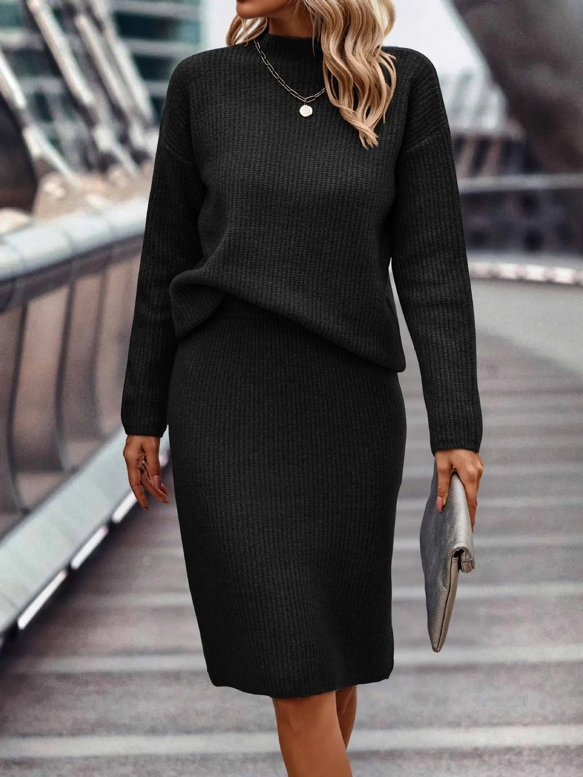 Merry - Women's Knitted Set with Stand Collar and Midi Skirt - photo 1