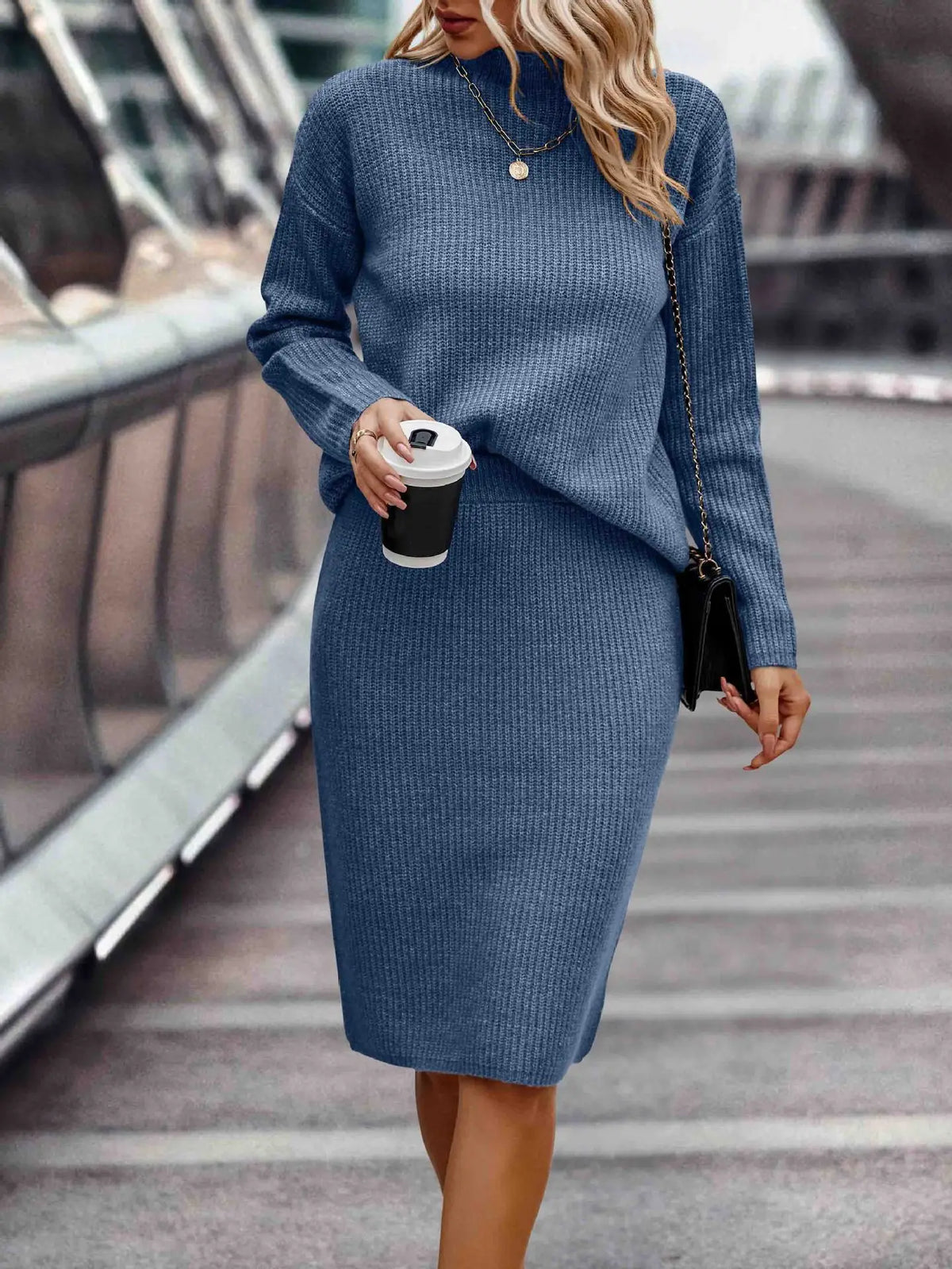 Merry - Women's Knitted Set with Stand Collar and Midi Skirt - photo 5