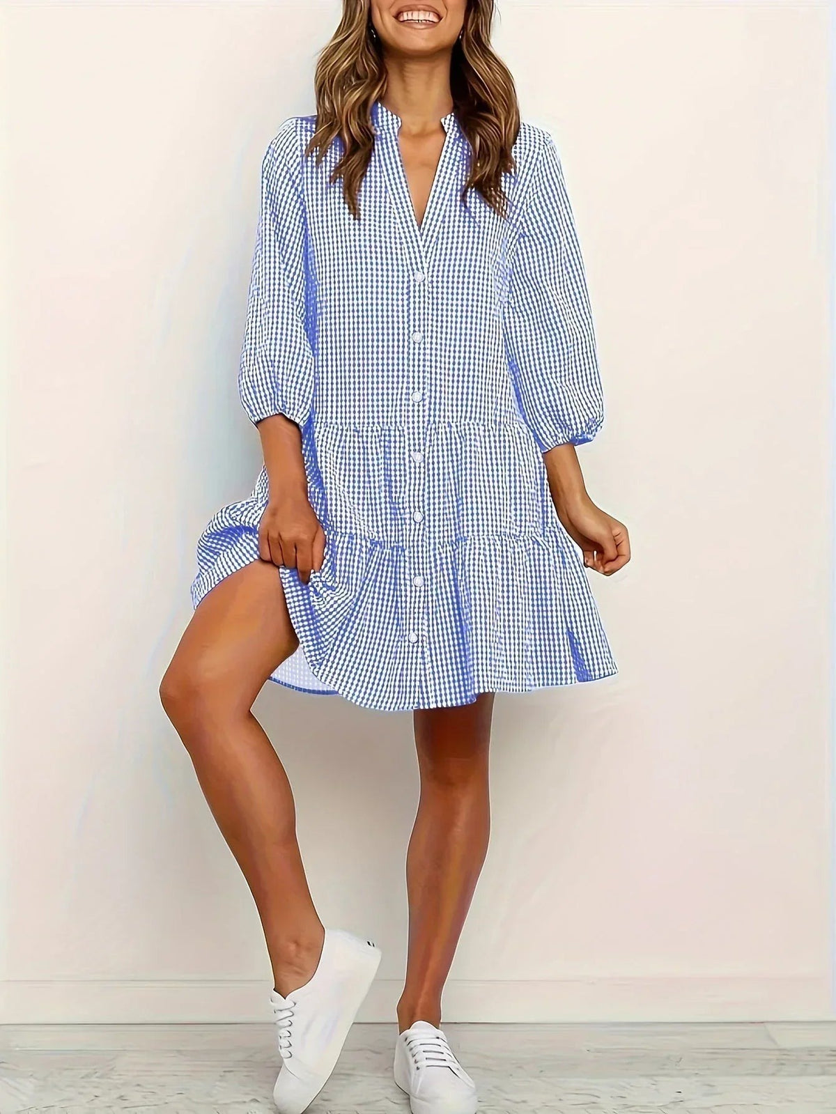Stella - Women's short gingham dress with 3/4 sleeves and buttoned collar - photo 2