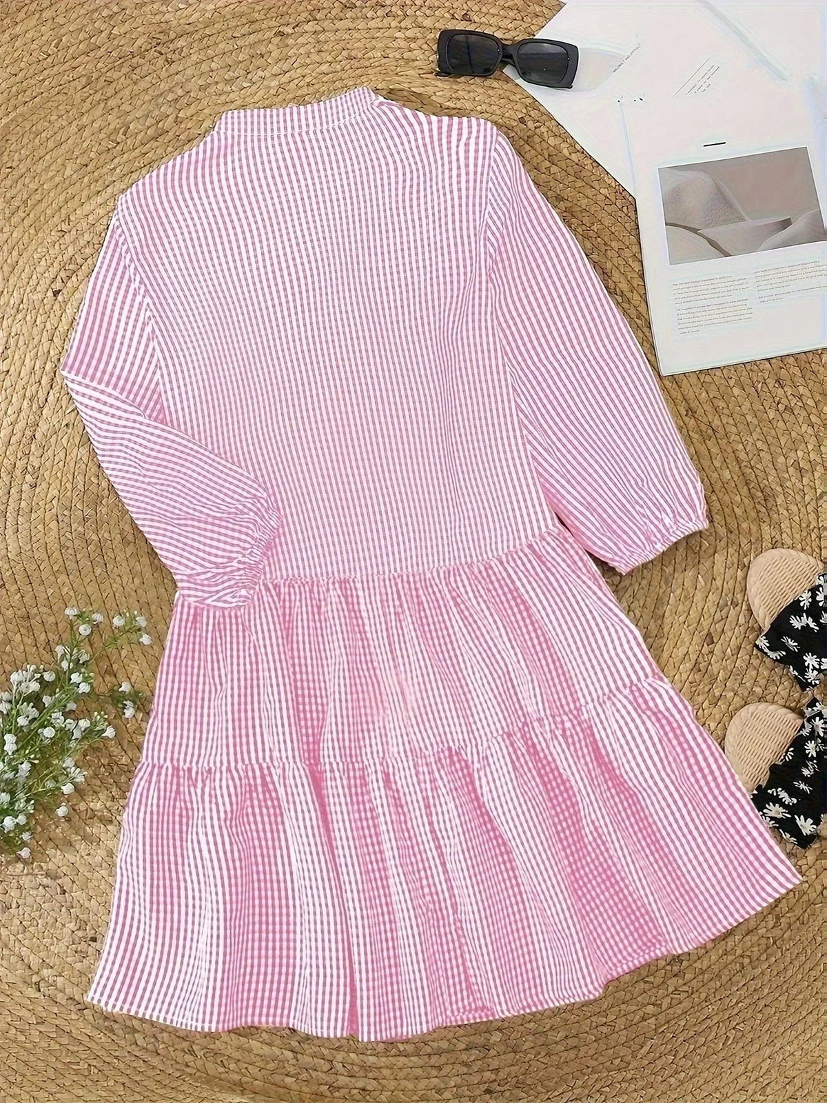 Stella - Women's short gingham dress with 3/4 sleeves and buttoned collar - photo 6