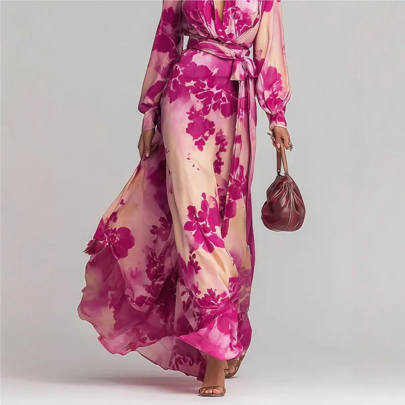 Gabrielle - Women's Belted Maxi Dress with a Deep Neckline