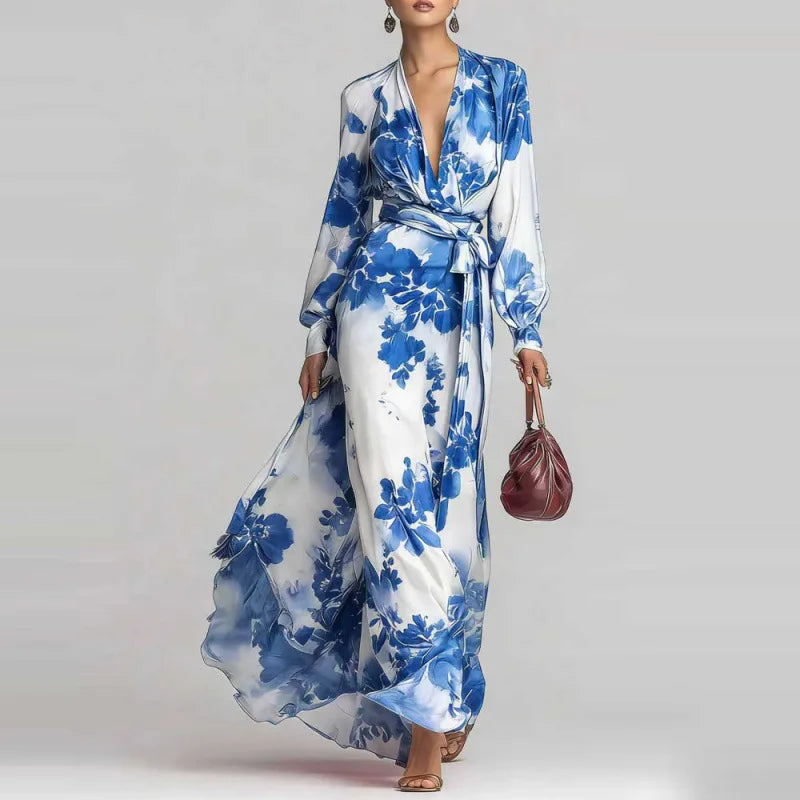 Gabrielle - Women's Belted Maxi Dress with a Deep Neckline