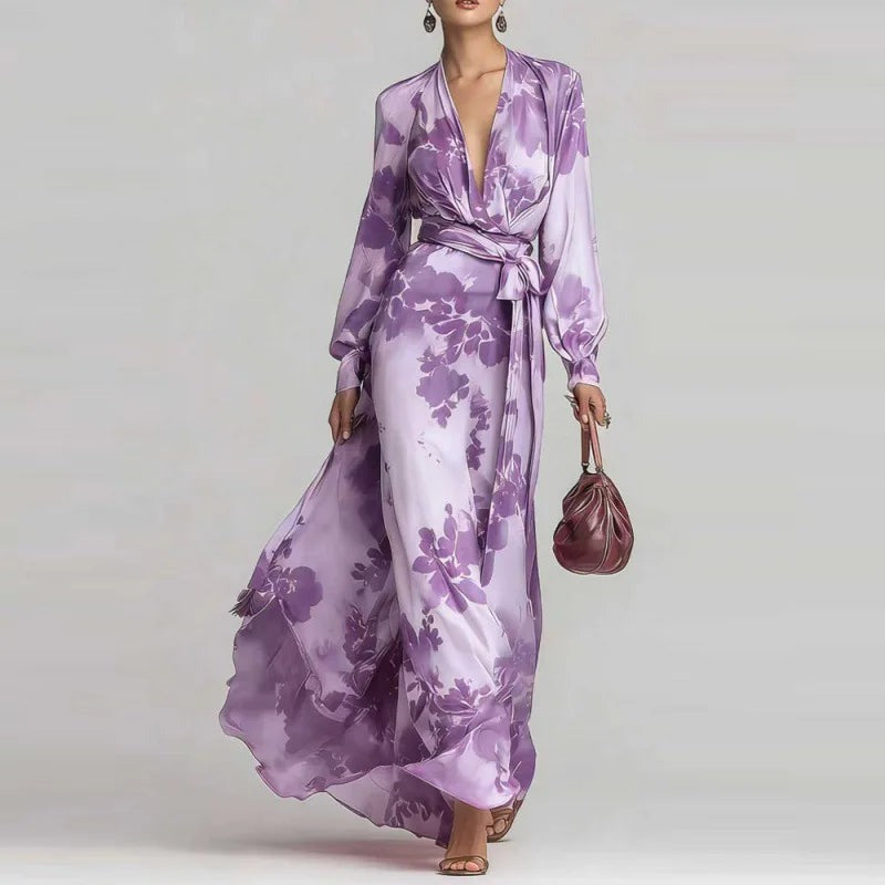 Gabrielle - Women's Belted Maxi Dress with a Deep Neckline