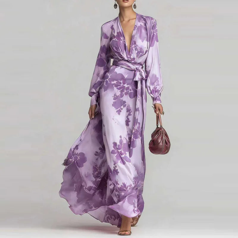 Gabrielle - Women's Belted Maxi Dress with a Deep Neckline