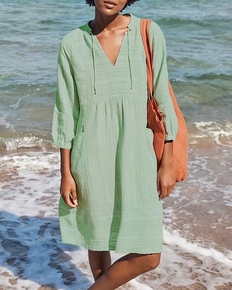 Alice - Rochie midi de vară boho cu decolteu în V din bumbac pentru damă